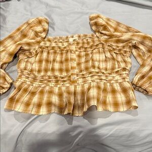 Chic Plaid Ruffle Blouse in Mustard